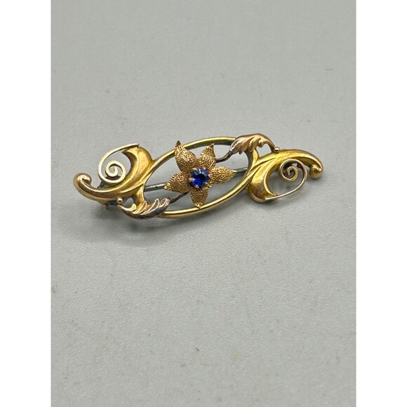 Antique 9kt 375 Gold Floral Brooch with Blue Gemstone Accent Bar Pin - Picture 7 of 9